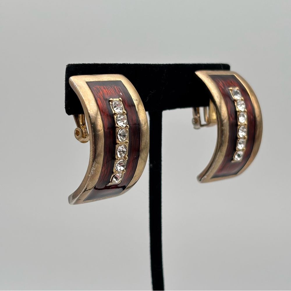 Vintage Gold-Tone Enamel Rhinestone Clip-On Earrings - Picture 3 of 6